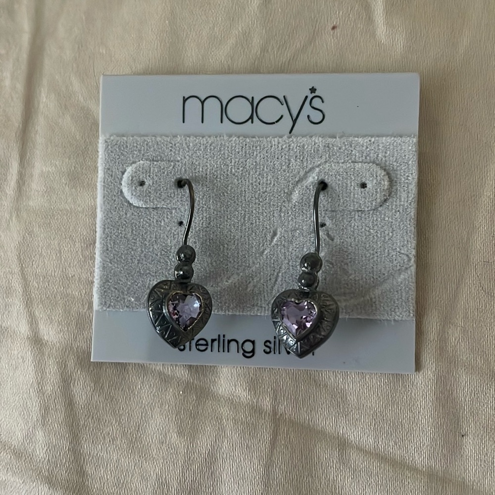 Vintage 90s Sterling Silver Heart Earringd Purple Amethyst Stone NWT